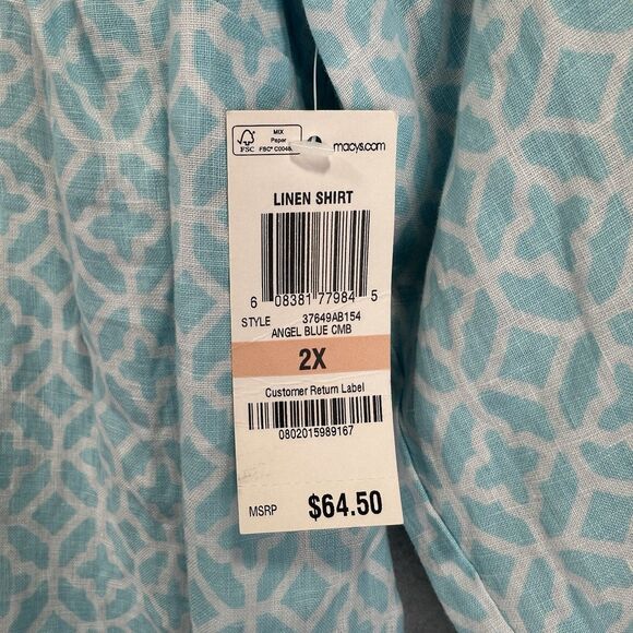 Charter Club Luxury Women’s 100% Linen 2X Blue Pattern Roll tab Sleeve Button Up - Picture 6 of 12